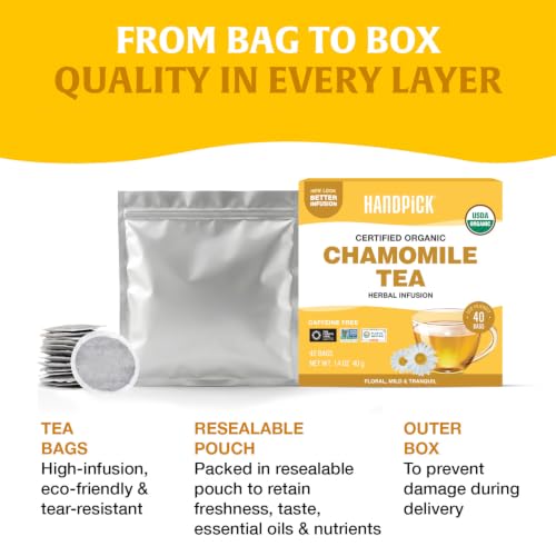 Image of HANDPICK Organic Chamomile Tea (40 Tea Bags) Pure Floral Chamomile Tea