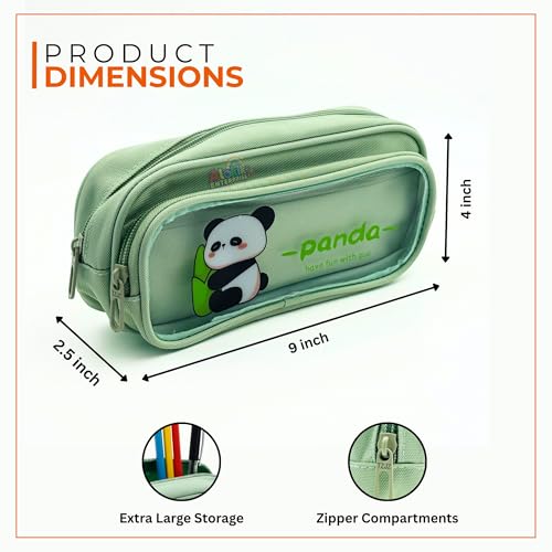 Image of Alokik Enterprise Cute Cartoon Pencil Pouch with Double Zipper & Transparent Window, Large Capacity Fabric Pen Case for School, Office, Students, Kids & Teens (Panda Have Fun with You Green Pouch)