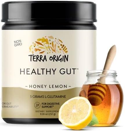TERRA ORIGIN Healthy Gut Powder Honey Lemon | 30-Servings with L-Glutamine, Zinc, Glucosamine, Slippery Elm Bark and More!