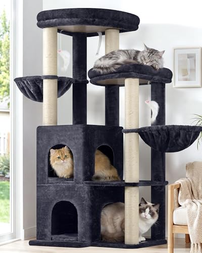 Image of Globlazer Cat Tree Tower for Indoor Cats, Sturdy Adult Cat Tree House for Large Adult Cats with 2 Platform, 6 Cat Scratching Post, 2 Cat Caves, Dangling Toys, S63, 63 inch, Dark Grey