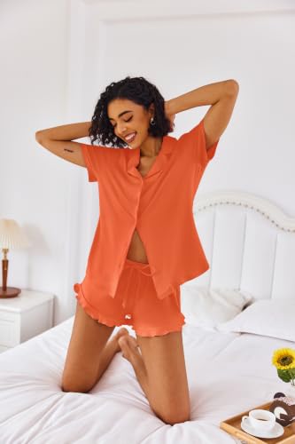 Image of Ekouaer Pajamas Set for Women Short Sleeve Sleepwear Button Down Ruffle Pjs