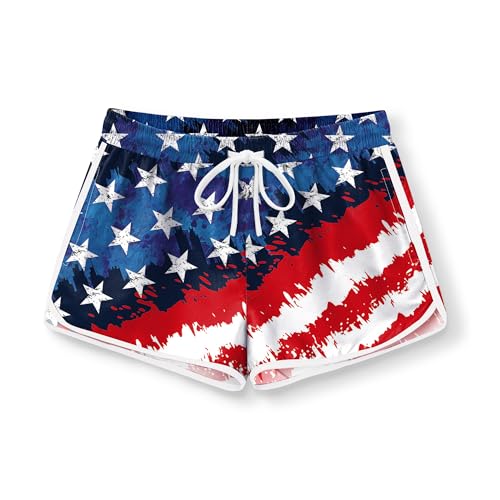 Image of BesserBay Girls 4th of July Elastic Waist Beach Swim Shorts American Flag Trunks with Pockets 5-14 Years