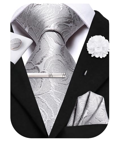 Image of Hi-Tie Silver Grey Floral Ties Set for Men Silk Jacquard Necktie and Pocket Square Lapel Pin Silver Tie Clip Cufflinks Set Wedding Business 6PCS