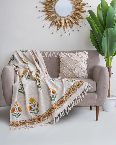 Image of Floral Cotton Throw Blanket for Sofa- 50x70 Inch Handblock Print Sofa Throw - Boho Fringe Decorative Blanket for Couch, Bed & Living Room - Diwali Gift, Rakhi Gift for Sister (R-HBTH00110)