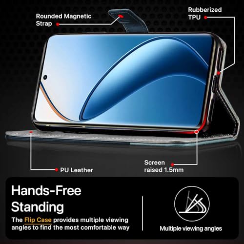 Image of Flipped Vegan Leather Flip Case Back Cover for Realme 12 Pro 5G | Realme 12 Pro Plus 5G (Flexible, Shock Proof | Hand Stitched Leather Finish | Card Pockets Wallet & Stand | Blue with Aquamarine)