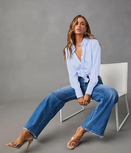 OMSJ Women’s Striped Button Down Shirts Casual Long Sleeve Stylish Collared Office Work Blouses Tops4