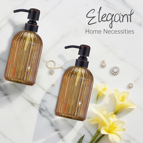 Image of Avola Amber Glass Soap Dispenser, Vertical Stripes Bathroom Hand Soap Dispensers with Oil Rubbed Bronze Pump, 16 Oz Glass Kitchen Dish Soap Dispenser,Stainless Steel Liquid Brown Soap Dispensers