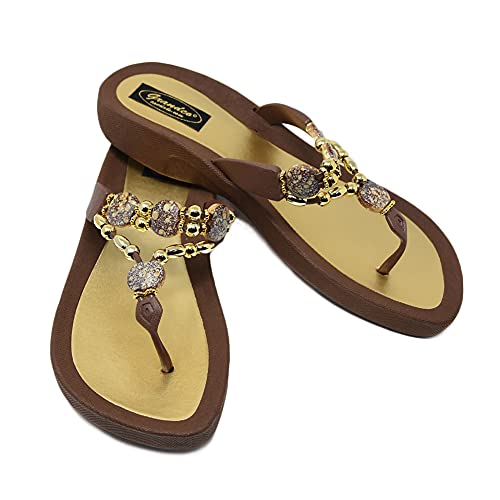 Grandco Women's 25542E Expression Beaded Waterproof Molded Sole Beach Thong Sandals Platform, Brown, 7 #TOP1