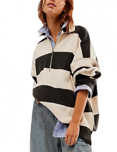 Image of Women's Oversized Quarter Zip Sweater Trendy Color Block Striped Y2K Pullover Cozy Loose Knit Fall Tops