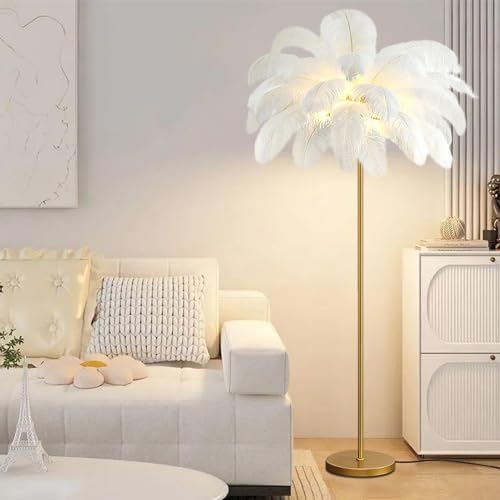 KUviez Lampadaire en plumes d'autrucheLampadaire, éclairage domestique, lampe de chevet, lampe sur pied pour salon, maison de lecture, chambre à coucher,...