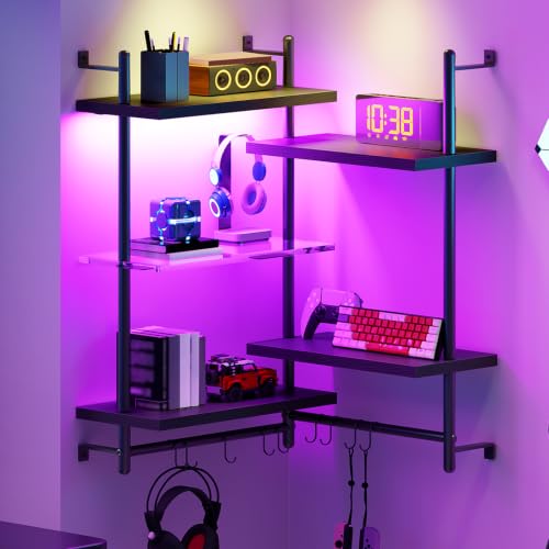 RALGEND LED Gaming Floating Shelves, 29.5" Corner Wall Mounted Shelf, Black