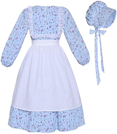 mutou Prairie Dresses Girls Colonial Costume Pioneer Girl Costume Floral Pilgrim Dress Lace Long Sleeve, Blue, XL