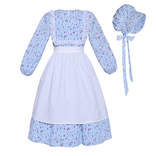 Mutou Prairie Dresses Girls Colonial Costume Pioneer Girl Costume Floral Pilgrim Dress Lace Long Sleeve, Blue, Xl #TOP2