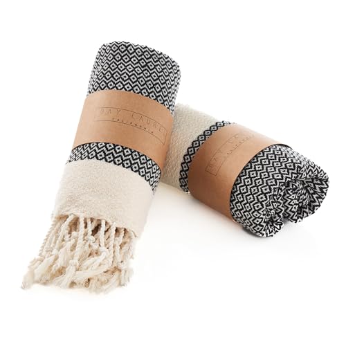 BAY LAUREL Turkish Hand Towel Pack of 2 | Soft & Absorbent Decorative Towels for Bathroom Hand Face Hair Gym Yoga SPA Kitchen & Tea | Boho Decor (Black Diamond 15x26 Inches (Set of 2)