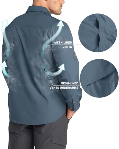 33,000ft Funktionshemd Herren UPF50+ UV-Schutz Langarm Hemd Atmungsaktiv Button-Down-Hemd Outdoor Sportliches Freizeithemd Angelhemd Für Männer Stahlblau L