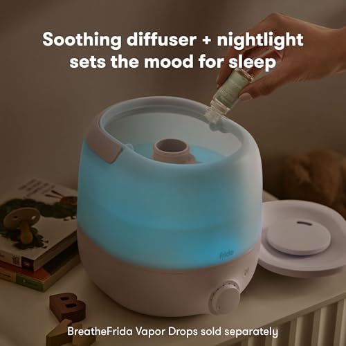 Image of Frida Baby 3-in-1 Cool Mist Humidifier for Large Rooms, Top Fill Humidifier for Bedroom, Allergy Relief, 60 Hour Runtime + Nightlight, Auto Shut-Off, Quiet, Carry Handle, Essential Oil Diffuser