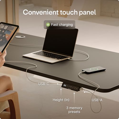 Image of Desktronic HomePro Standing Desk 48x24 - Made in Europe, Ergonomic Sit Stand Home Office Desk, Electric Height Adjustable, Dual Motor, USB & USB-C Charging, Wobble-Free, Touchscreen, 3 Memory Presets