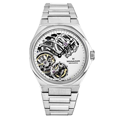 Manager Men's 'Revolution' White Dial Stainless Steel Bracelet Hand Winding Watch MAN-RM-04-SM