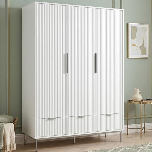 Image of Blisswood Fluted 3 Door Wardrobe with Drawers – Modern Painted Bedroom Wardrobe with Hanging Rail & Shelves, Freestanding Storage Cupboard with Metal Handles & Raised Legs, 138.5 x 55 x 180 cm White