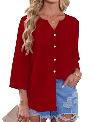 Image of OFEEFAN Button Down Shirts for Women 3 /4 Length Sleeve Tops V Neck Blouses Business Casual Outfits Loose Fit