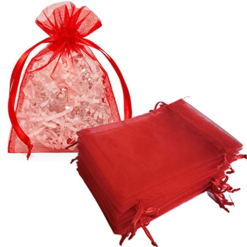 Jwenic 100 Pieces Gift Organza Bags 4x6 Inch Red Drawstring Sheer Fabric Goody Beach Twist Tie Pouch for Jewelry Watch Coin Baby Shower Christmas Party Favors Wedding Valentines Day Hotel Groomsmen