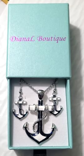DianaL Boutique Silvertone Nautical Anchor Pendant Necklace and Earring Set 24" Chain3