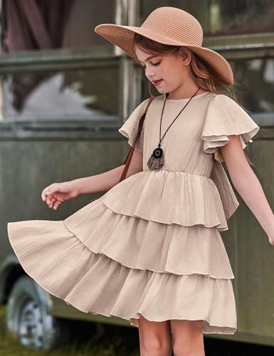 Arshiner Girls Dresses Elegant Ruffle Short Sleeve Back Tie Tiered Dresses3
