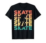 Este diseño de patín retro muestra la palabra "skate" y la silueta de un skater.