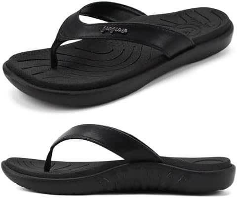 jiajiale Womens Fashion Orthotic Flip Flops Ladies Slip On Lightweight Comfortable Thick Cushion Yoga Mat Thong Sandals With Plantar Fasciitis Arch Support, Black, 7