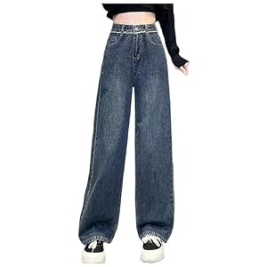 Jean Femme Pantalon Jeans Catégorie de Produits Pantalons décontractés féminins — Pantalon Jeans Ample Haute Tendance Streetwear pour Femmes Style E Girl Denim Droit et Confortable (Blue, XL)