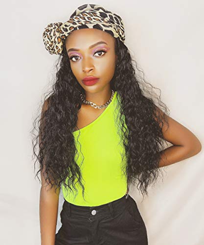 Long Curly Scarf Wig 24 inch Water Wave Wigs with Soft Leopard Scarf Attached Glueless Synthetic Hair Black Curly Wigs for Women(Water Wave Black)