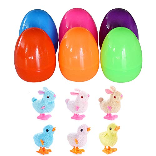 N+A 6 Pcs Wind-Up Jumping Colorful Bunny and Chicken Toys for Easter Basket Fillers, Plastic Easter Eggs, Kids Gifts and Party Favors (6 Pcs / 6 Colors)