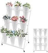 Flower Display Stand with 9 Pieces Bucket, 3 Tiers Metal Mobile Florist Bouquet Stand Flower Cart...