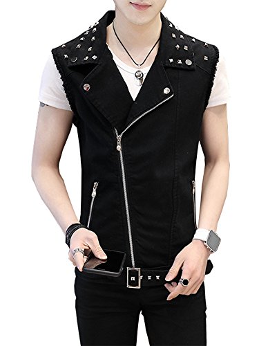 Lifehe Men's Sleeveless Lapel Punk Zipper Denim Jean Vests Jacket With Rivets (Black, L) #TOP1