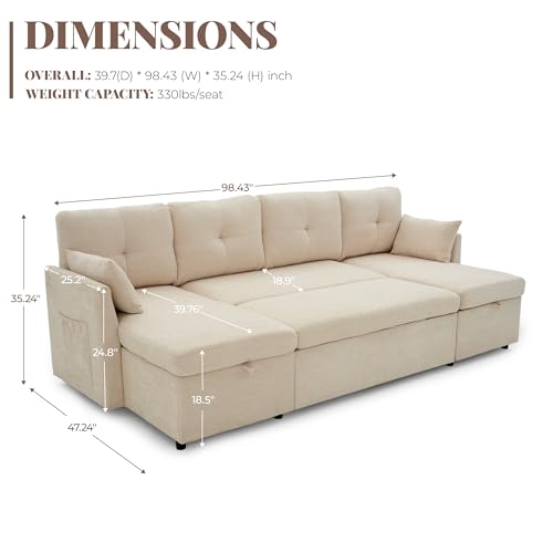 Image of Huatean Home Oversized Sleeper Sofa Couch, 100 inch 2 in 1 Pullout Couch Bed with Side Pockets for Living Room, Sectional Sleeper Sofa Bed with Double Storage Chaise, Beige