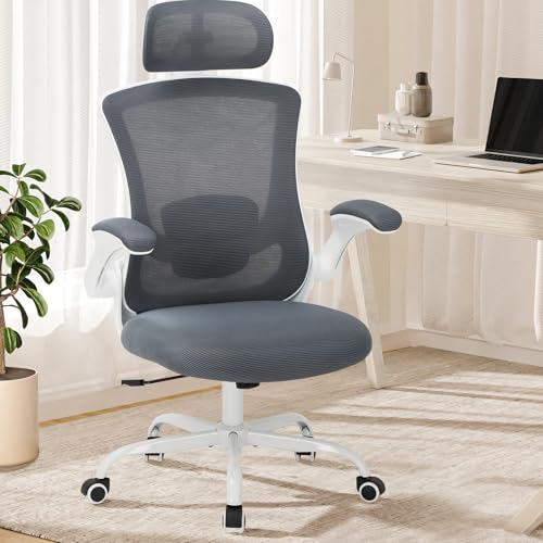 COLAMY Office Chair Mesh Computer Chair with Adjustable Headrest and Lumbar Support Ergonomic Desk Chair with Flip-up Armrest, 140° Rocking for Home Office Study, Grey