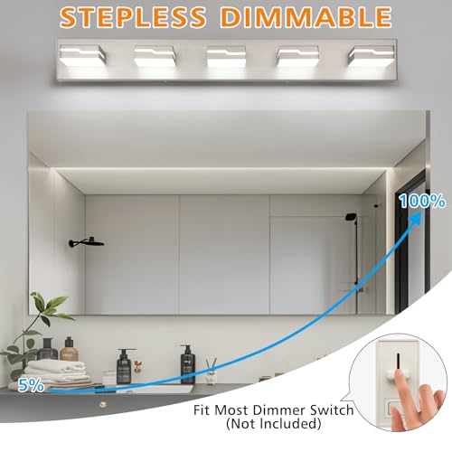 Image of LED Modern Bathroom Vanity Light Fixtures 5-Light, 32 inch Dimmable Nickel Vanity Lights for Bathroom Lighting Fixtures Over Mirror, with 350Rotatable Acrylic Heads(White Light 5500K)