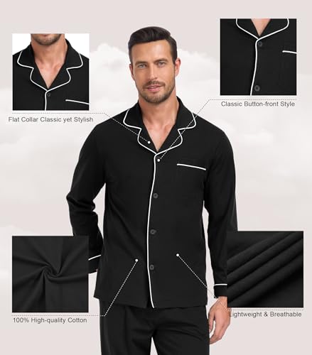 Image of EA'S SECRET Men's Cotton Pajamas Set Button Down Pjs Set for Men Long Sleeve Knit Sleepwear Loungewear with Pockets
