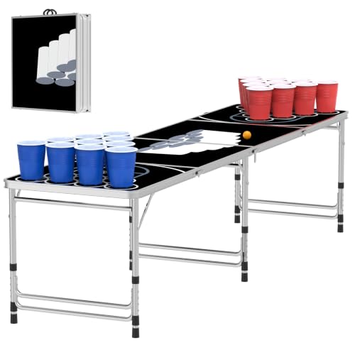 XMTECH Beer Pong Table de jeu de fête avec 100 gobelets (50 rouges et 50 bleus), 5 balles, table de beerpong pliable et réglable en hauteur