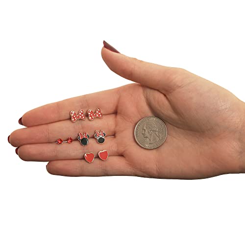 Disney Minnie Mouse Earrings 4-Pack Official License, Red Crystal and Enamel-Plated Stud Earrings4