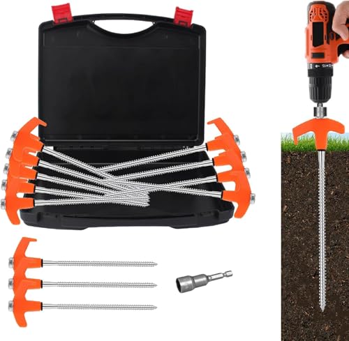 8' Tent Stakes Heavy Duty 12 Pack, Screw in Tent Stakes, Metal Threaded Camping Stakes, Ground Anchors for Canopies, Gardening and Inflatable Decor, with Storage Box and Hex Socket