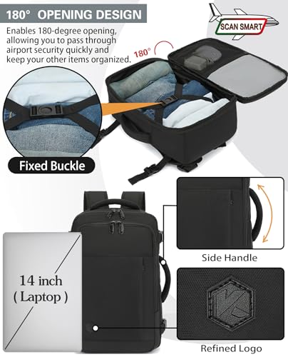 VANKEV Ryanair Cabin Bag 40x20x25 Underseat 20L Travel Bag Hand Luggage Backpack Carry-ons Bag Cabin Size Suitcases for Airplanes Flight Bag Travel Ruscksack Fit 14 Inch Laptop Black