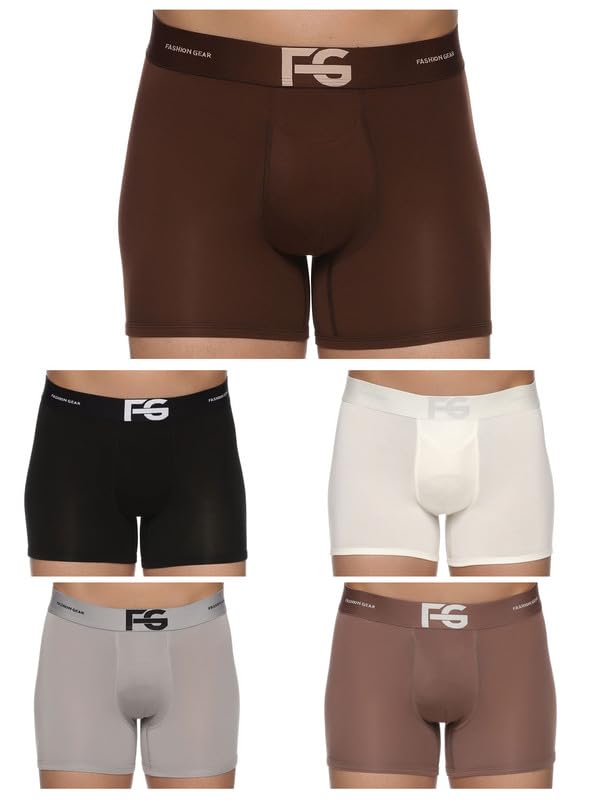 Image of ESSA Men's Ultra Soft Modal Fabric Trunk - Moisture Absorption with 4-Way Stretch | Breathable Contour Pouch | Microfiber Waistband with Spandex | Pack of 5(Brown, White, Black, Grey, Peach) - 90CM