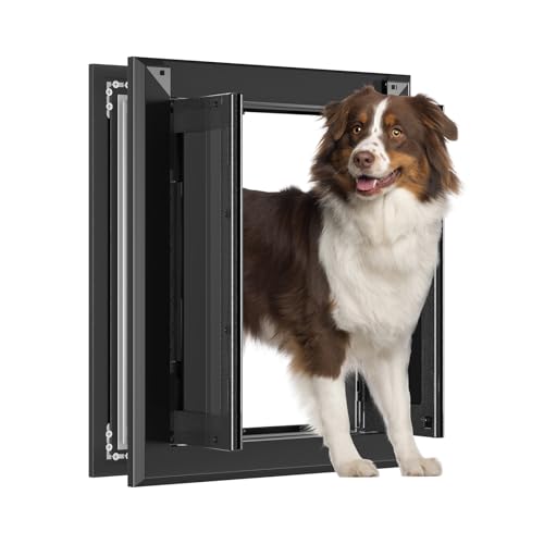 [PATAPLUS] Aluminum French Large Dog Door Heavy-Duty with Strong Double Magnetic Flaps & Aluminum Telescoping Tunnel for Large/Medium Dogs Up to 110LBS - Black