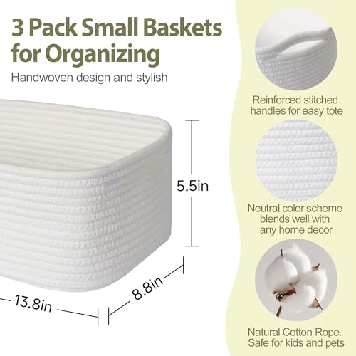 Image of MEGASKET Small White Baskets for Organizing, Woven Storage Baskets for Shelves, Cotton Rope Gift Bins Empty, Decorative Organizer Box, Wicker Towel Bathroom Storage, 13.8 inchx8.8 inchx5.5 inch
