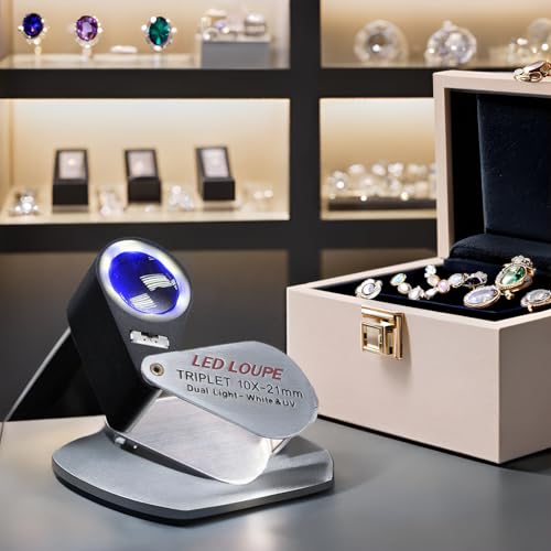 Jewelers Loupe Magnifier, Jewelry Loop Magnifier with Light, Hastings Triplet Loupe 10X for Coin, Gem, Stamp, Diamond etc (White LED & UV Light)