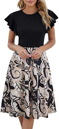 HELYO Women's Semi-Formal Ruffle Sleeves V-Back Work Fit and Flare Cocktail Wedding Guest Dress with Pockets 842 (XL, Black Apricot)