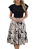 HELYO Women's Semi-Formal Ruffle Sleeves V-Back Work Fit and Flare Cocktail Wedding Guest Dress with