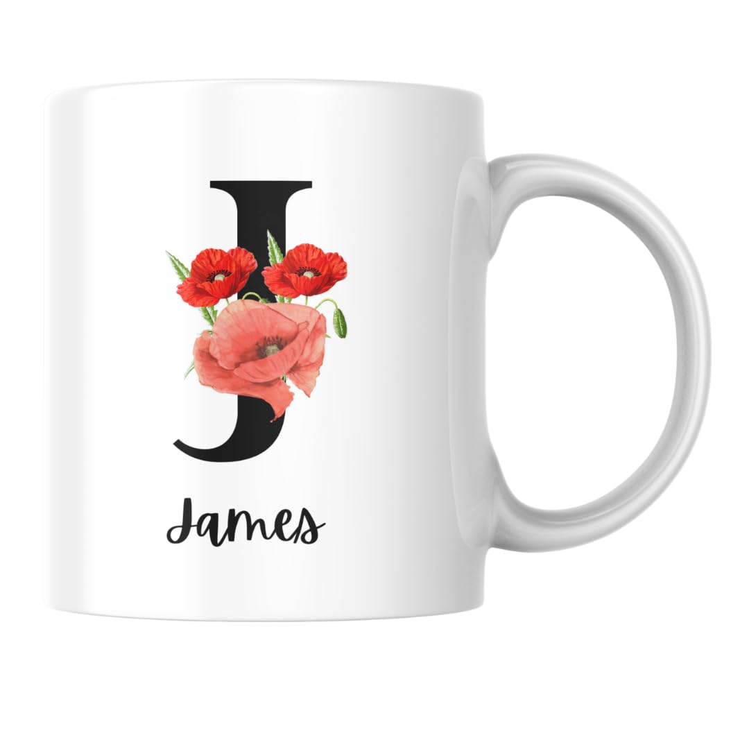 Personalised Poppy Mug Initial with Name, Customised Gift for Birthday, Christmas Day for Mum, Dad, Kids, Friends or Girl, Coffee/Hot Chocolate Mug, Novelty Gift