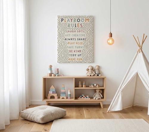 Image of Kids Playroom Canvas Wall Art, Neutral Playroom Rules Painting Picture Wall Decor, Boho Classroom Educational Poster Print Artwork for Classroom, Nursery, Toddler Home Decoration, 16x24in Framed